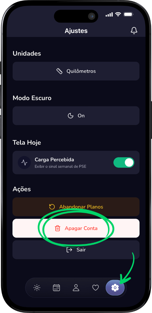 Tela de Ajustes do aplicativo RunningAI destacando a opção Apagar Conta