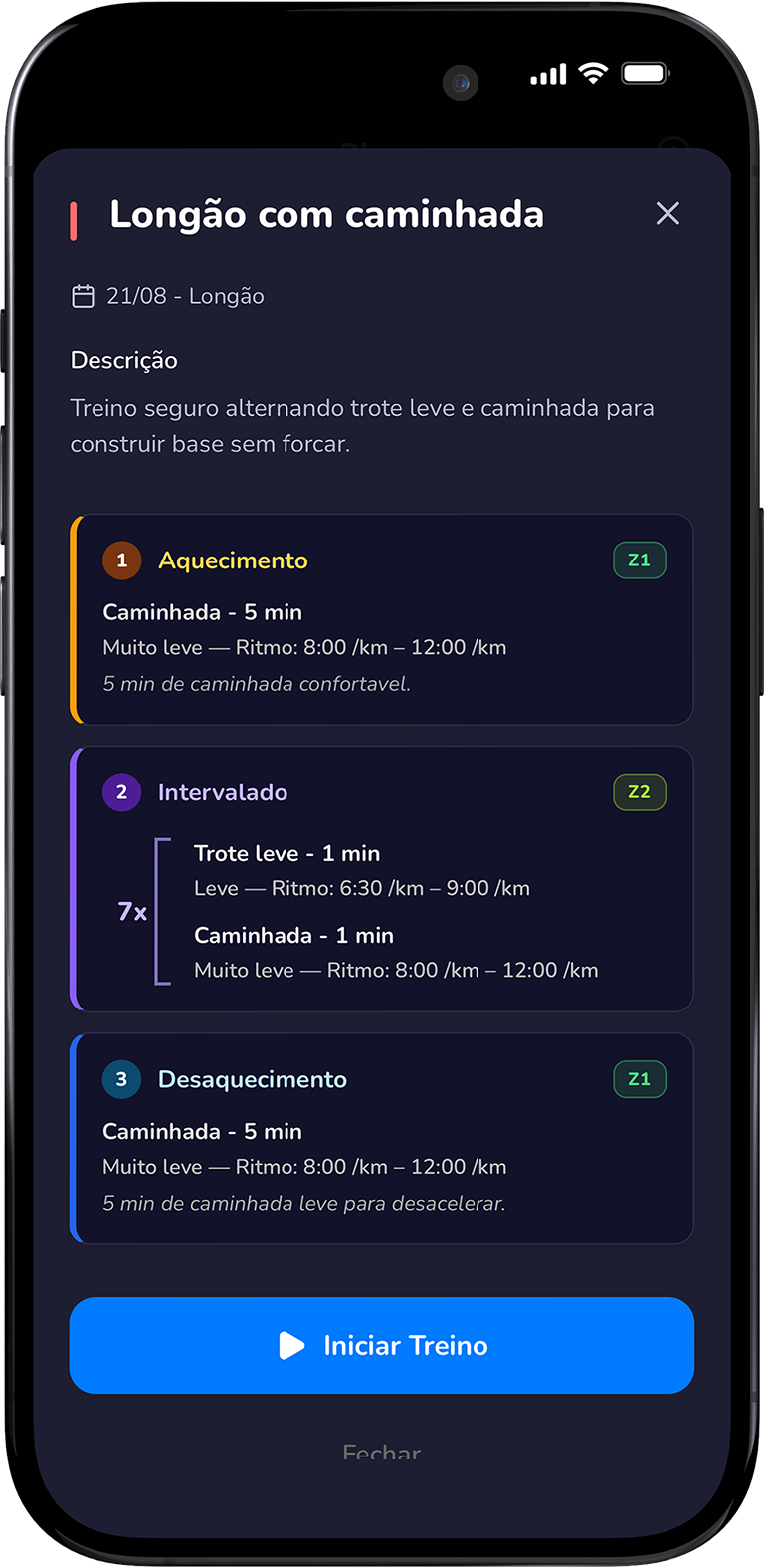 Tela de treino do RunningAI